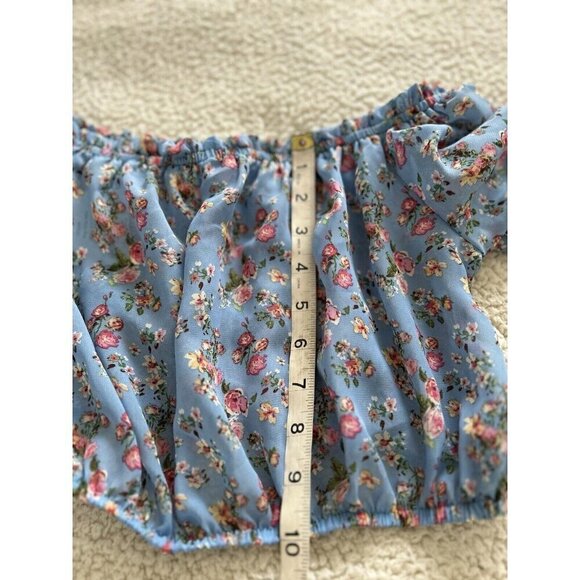 AVA + ESME  Short Puff Sleeve Blue/Pink Floral Chiffon On/Off Shoulder Crop Top - Picture 8 of 8